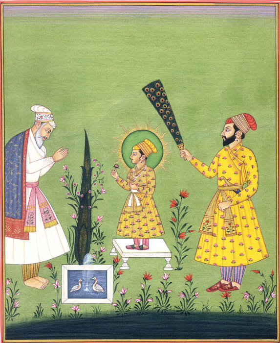 Raja Mirza Jai Singh pays homage to  Guru Harkrishan with Prince Ram Singh faning from behind   (101K)
