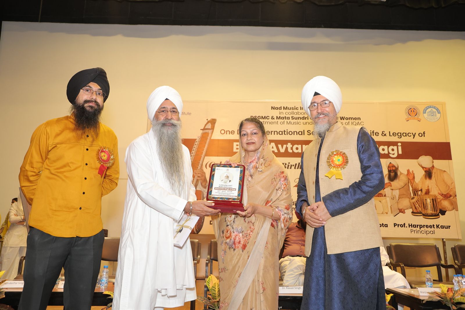 Honoring Dr. Harpreet Kaur (Principal, MSCW), from left to right: Dr. Tajinder Pal Singh (Convenor), Bhai Kultar Singh, Dr. Harpreet Kaur, Dr. Manjit Singh (Nad Music Institute)