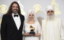 Adam Berry, Gurujas Khalsa and Hari Jiwan Singh Khalsa of the musical group White Sun after winning the award in Los Angeles. (AP File Photo)